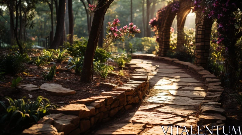AI ART Stone Path in Park with Lush Vegetation and Flowers