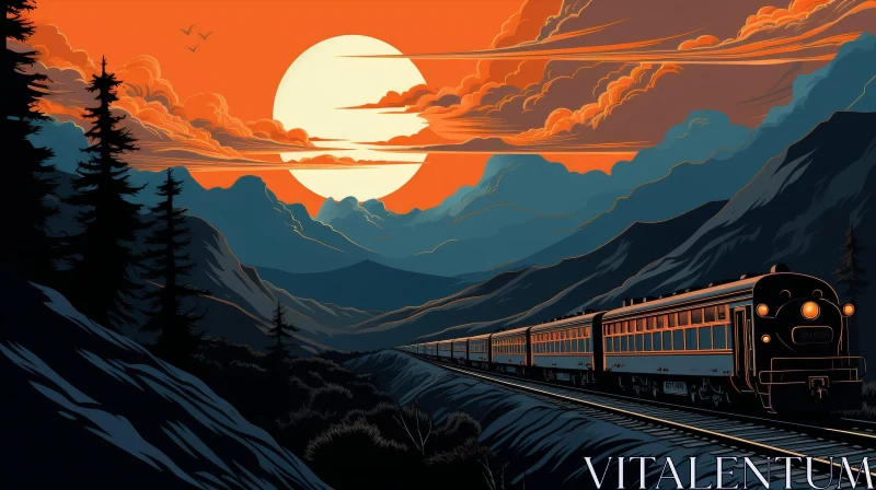 AI ART Train Traveling Through Mountain Pass at Sunset