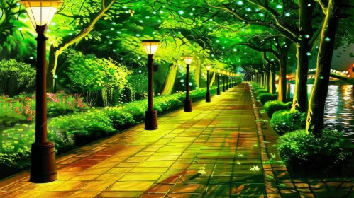 Tranquil Park Path with Trees and Flowers