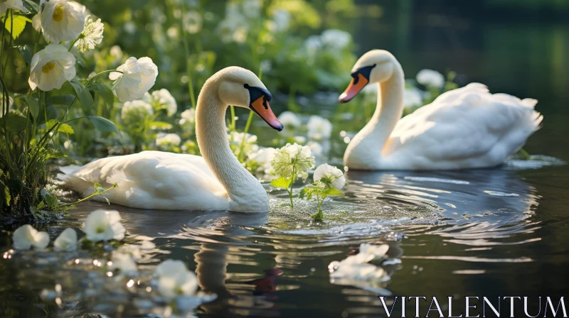 AI ART Tranquil Scene: White Swans Swimming in a Pond