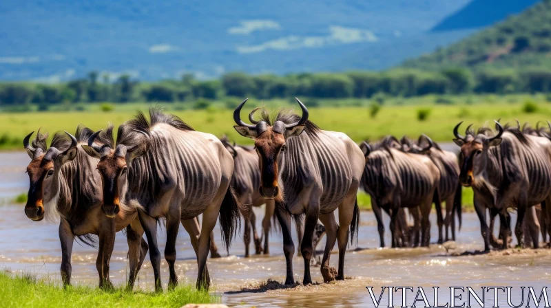 Wildebeest Herd Crossing River AI Image