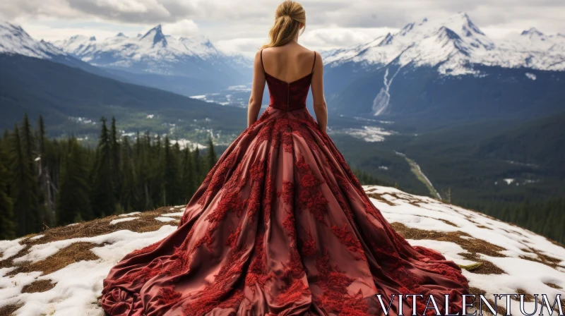 Woman in Red Dress on Snowy Mountaintop AI Image