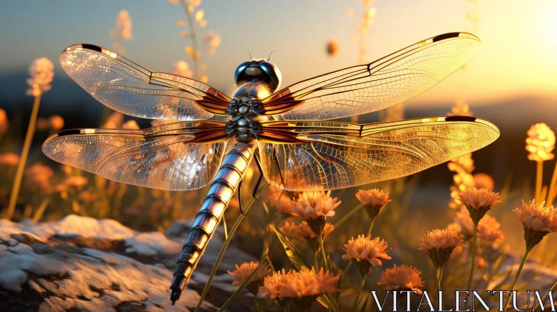 Dragonfly Close-up in Flower Field at Sunset AI Image