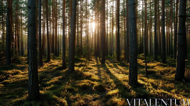 Enchanting Forest Landscape: Sunlit Trees and Lush Greenery AI Image