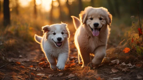 Joyful Golden Retriever Puppies Running in Forest at Sunset