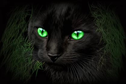Mesmerizing Black Cat with Green Eyes - Fantasy Illustration