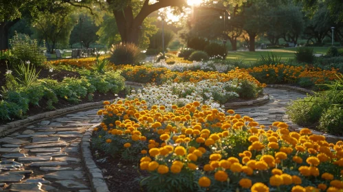 Morning Park Serenity with Blooming Flowers