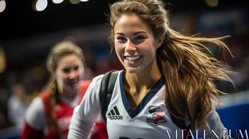 Smiling Female Athlete in Stadium AI Image