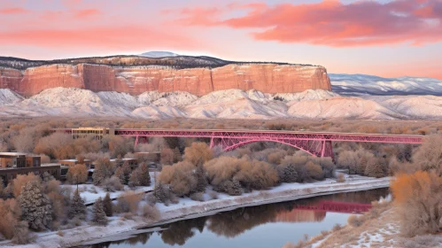 Snowy Landscape: Pink Steel Arch Bridge Over River