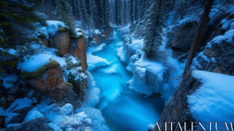 AI ART Winter River Landscape: Serene Beauty in Snowy Canyon