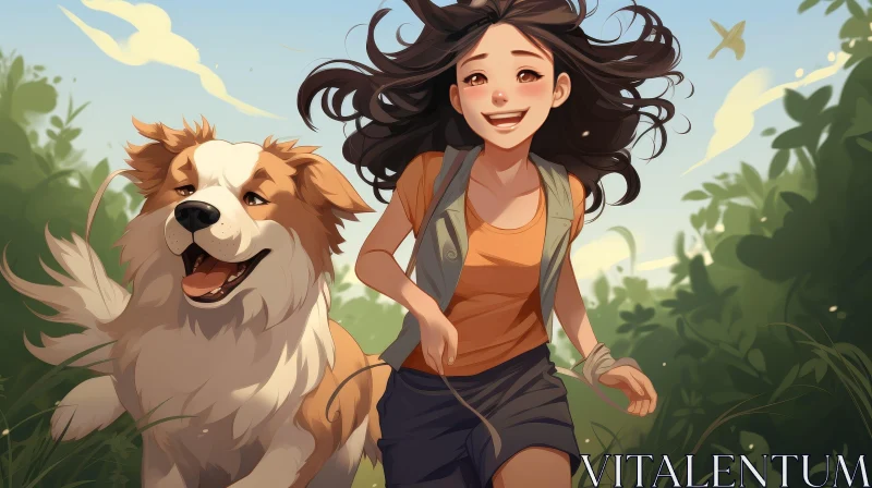 AI ART Young Woman and Dog Cartoon Illustration in Field