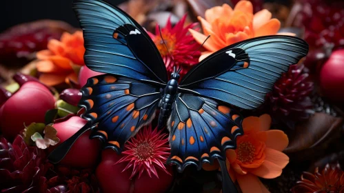 Blue and Black Butterfly Close-up in Flower Garden