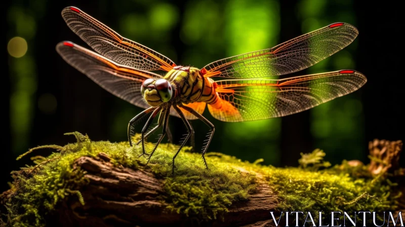 AI ART Dragonfly on Mossy Log in Forest