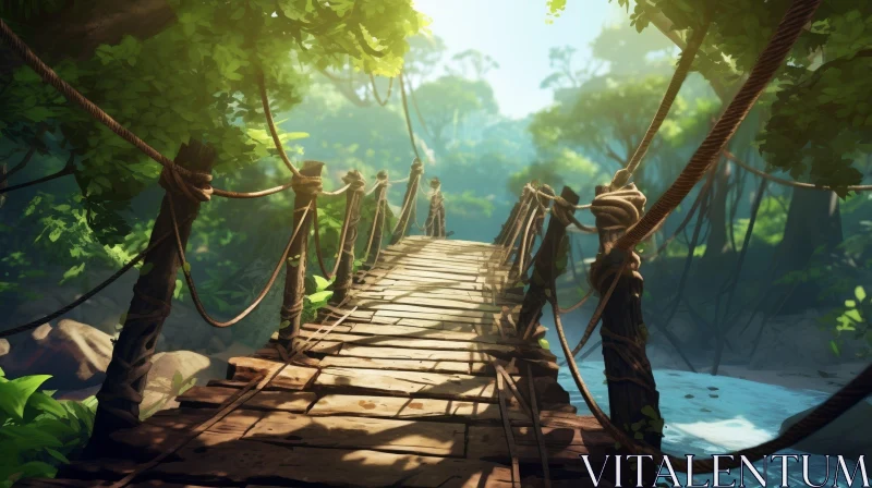 Enchanting Jungle Wooden Bridge Painting AI Image