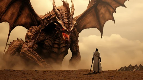 Epic Dragon and Human Encounter in Desert