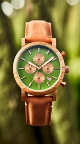 Exquisite Wood Wristwatch with Green Dial and Brown Leather Strap