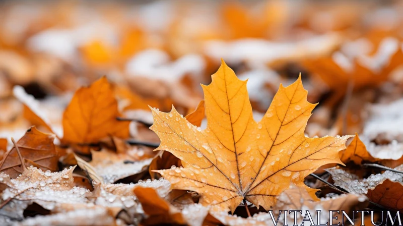 Fallen Maple Leaf Close-up in Snowy Forest AI Image