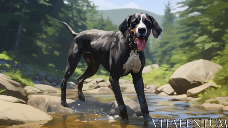 AI ART Happy Black and White Dog in River | Forest Background