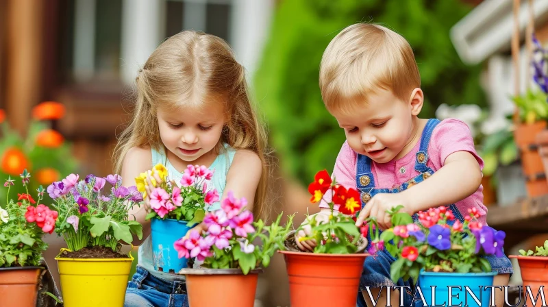 Happy Children Gardening with Flowers AI Image