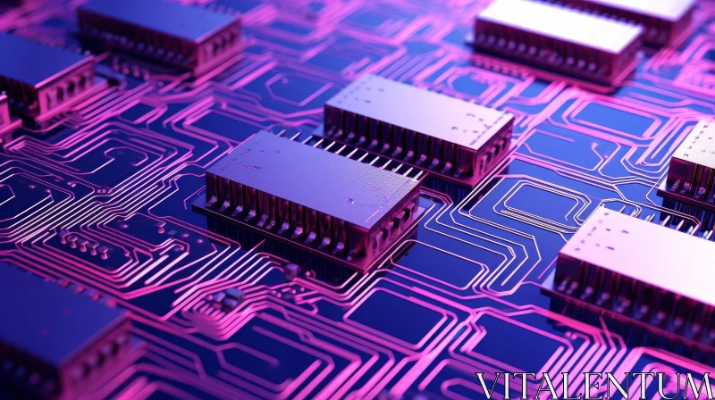Intricate Computer Circuit Board Illuminated by Pink Light AI Image