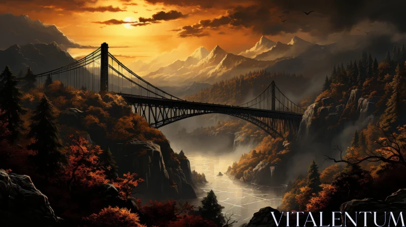 AI ART Serene Nature Landscape with Bridge over River and Snowy Mountains