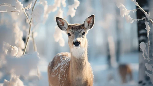 Snowy Forest Deer in Sunlight