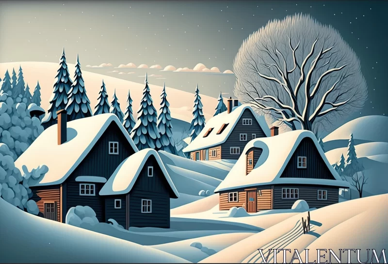 Snowy Village Illustration - Contemporary Folk Art Style AI Image