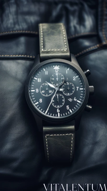 AI ART Stylish Black Wristwatch with Brown Leather Strap