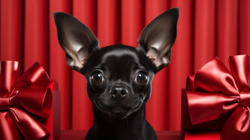 Black Chihuahua Dog Sitting with Red Curtain Background