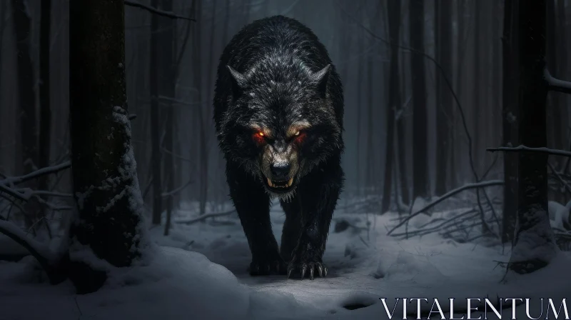 AI ART Black Wolf in Snowy Forest: Digital Painting