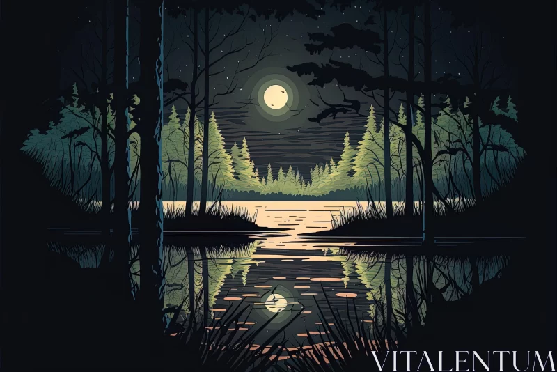 Captivating Night Forest Illustration with Reflection | Vintage Poster Design AI Image