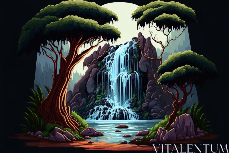 Enchanting Waterfall in a Mysterious Forest - Captivating Digital Art AI Image