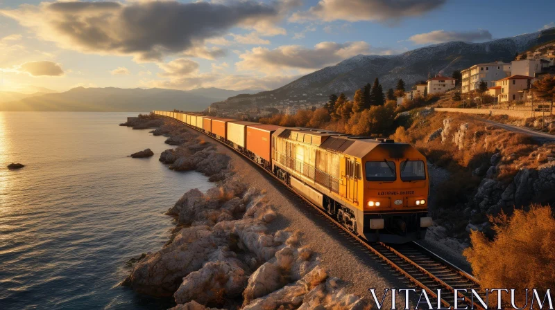 AI ART Freight Train Along the Coastal Mountains