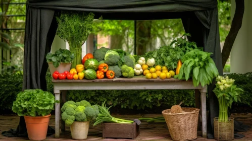 Fresh and Abundant Vegetable Display on Wooden Table