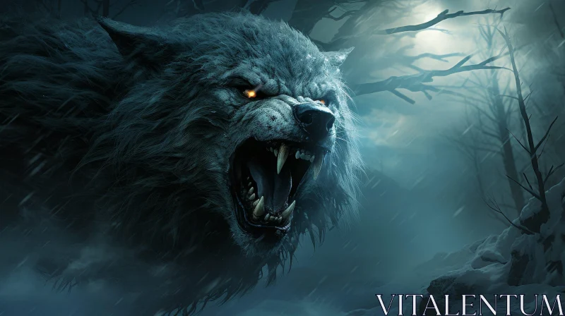 Menacing Wolf in Dark Forest - Digital Art AI Image