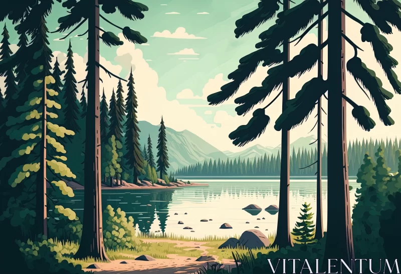 Serene Forest with Lake: Vintage-Style Cartoon Illustration AI Image