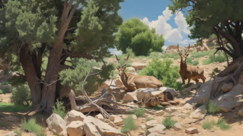 Tranquil Deer Trio in Rocky Landscape