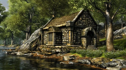 Tranquil Forest Cottage Digital Painting