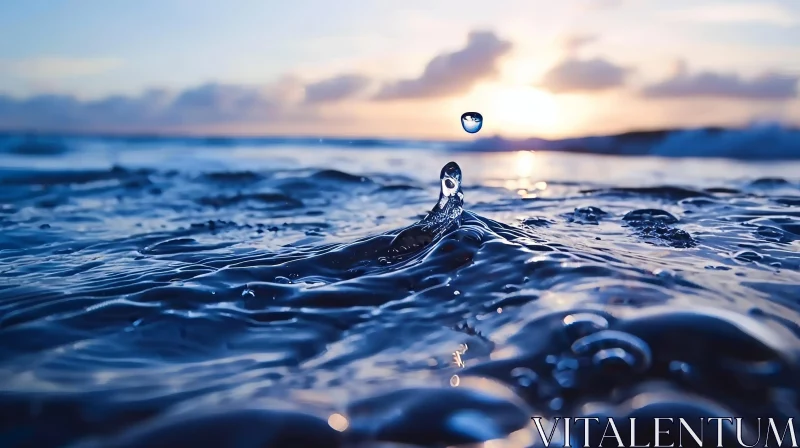 AI ART Tranquil Water Drop in Deep Blue Ocean at Sunset