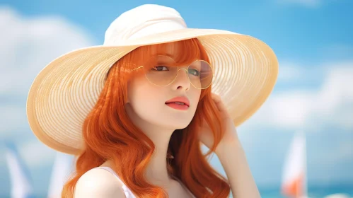 Young Woman in White Sun Hat and Sunglasses on Beach