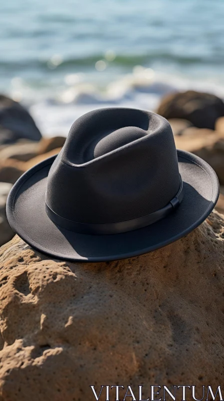 Black Fedora Hat on Beach Rock AI Image