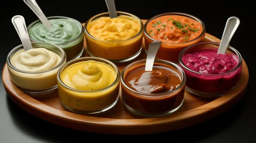 Colorful Sauces in Glass Bowls on Wooden Tray