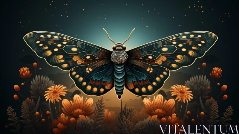 Dark Blue Butterfly Illustration with Flowers AI Image