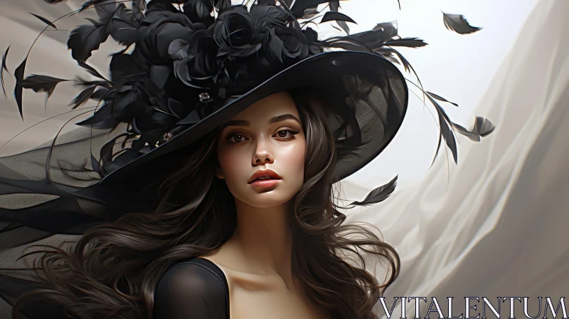 Elegant Woman in Black Hat and Dress AI Image