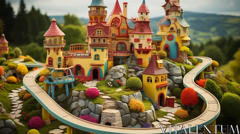 Enchanting 3D Fairy Tale Village with Mountain View AI Image
