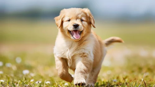 Golden Retriever Puppy Running in Green Field
