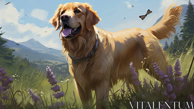 Happy Golden Retriever Dog in Field of Purple Flowers AI Image