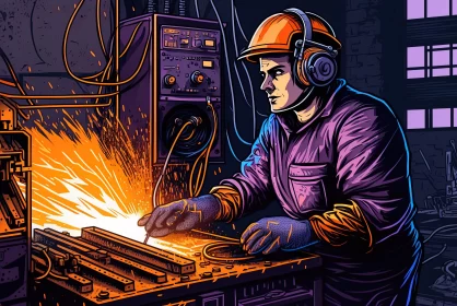 Industrial Worker Creating Vibrant Illustrations with Iron Tool