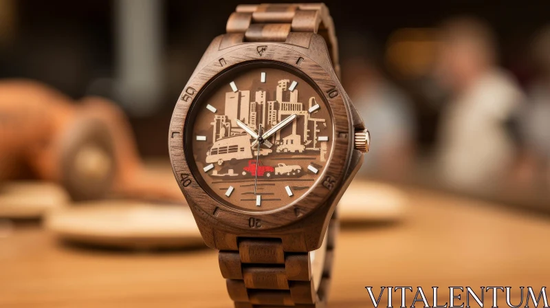 AI ART Luxurious Wooden Watch with Unique Cityscape Design