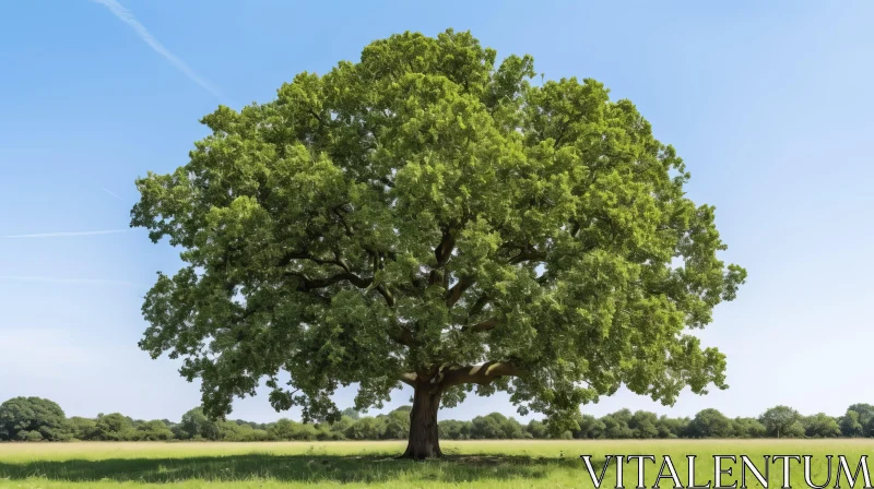 AI ART Majestic Oak Tree in Green Field - Nature Photography